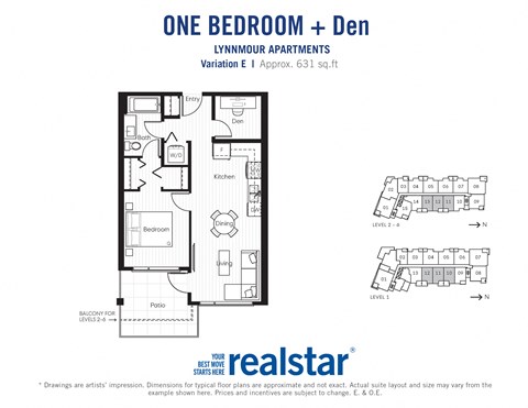 One bedroom den, one bathroom apartment layout at Lynnmour Apartments in North Vancouver, BC